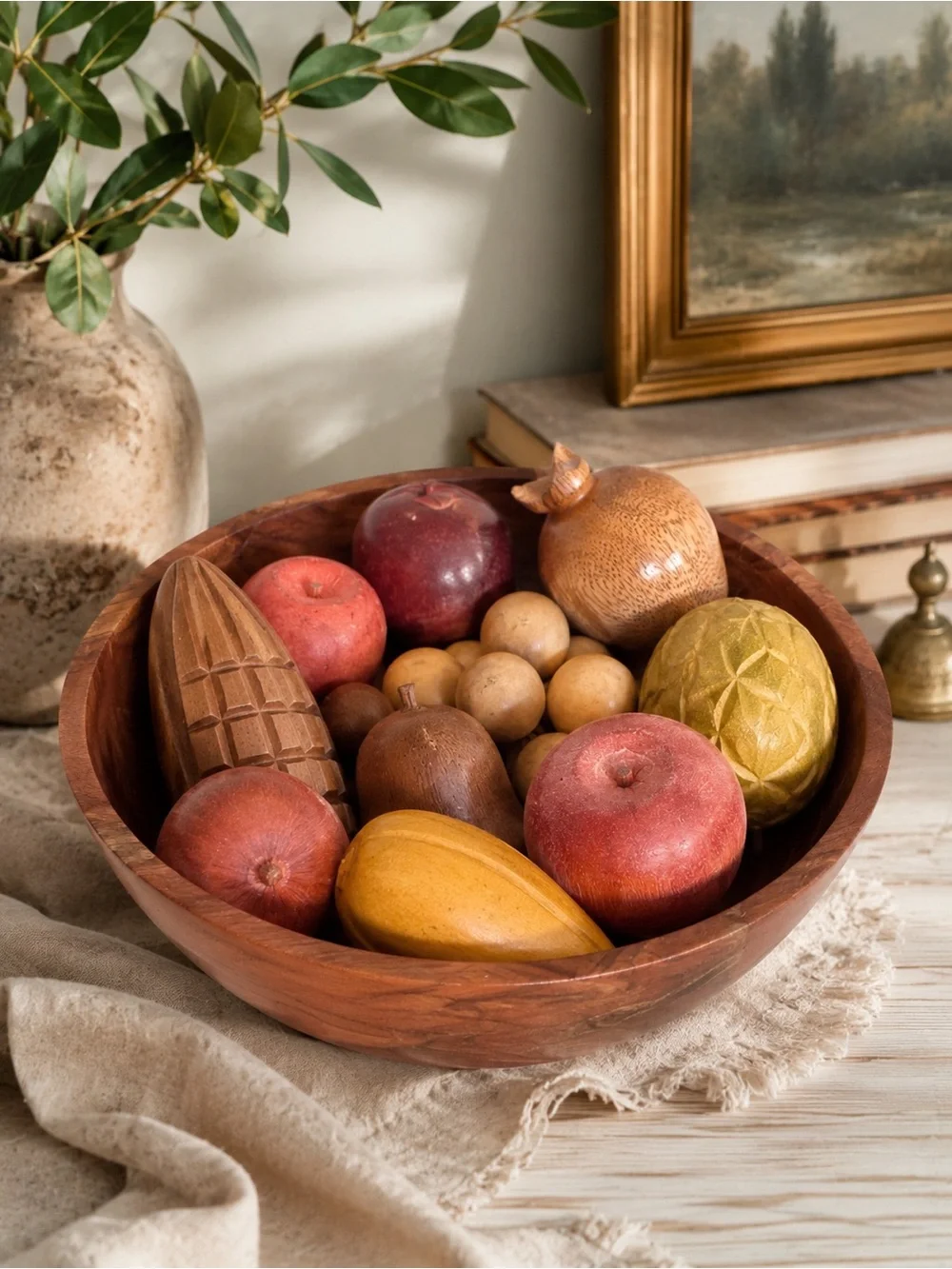 Vintage Wood Fruit Bowl Set Rustic Luxe Artisan Curated Heirloom Kitchen Decor